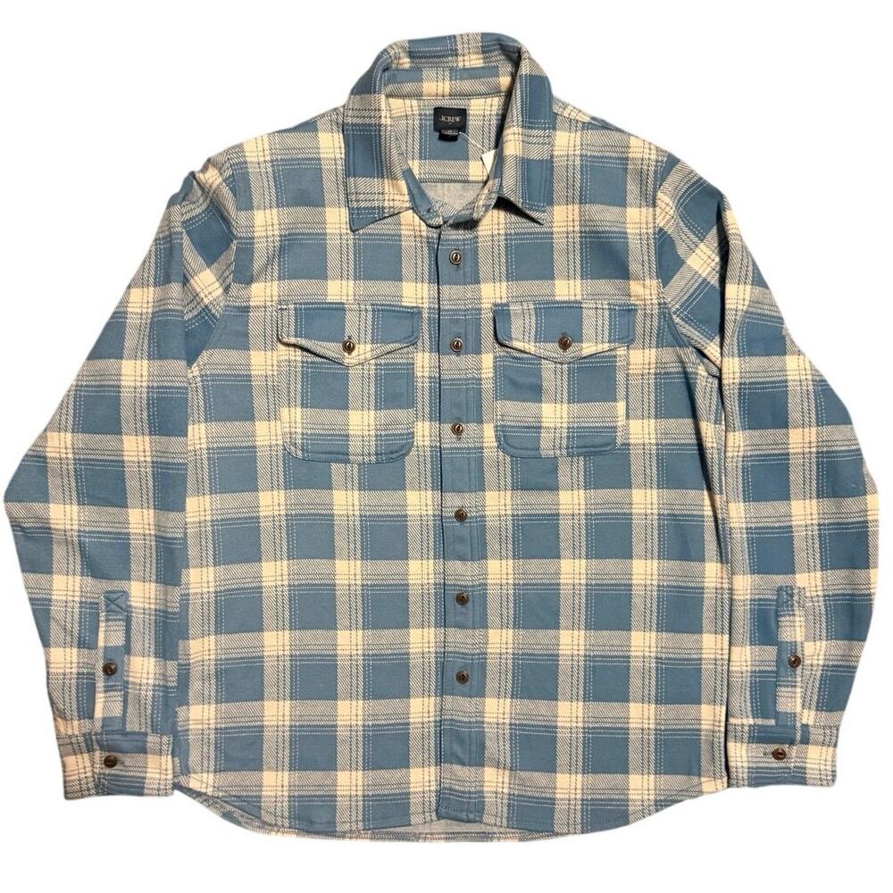J.Crew Double-Knit Work Shirt Men Medium Plaid Blue White Shacket NWT $120 CA914